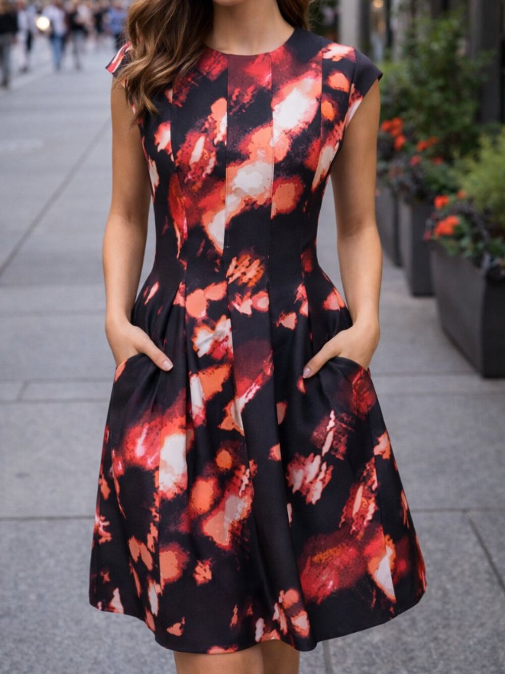 Calvin Klein Abstract Print Fit & Flare Dress | Cap Sleeves | Pockets